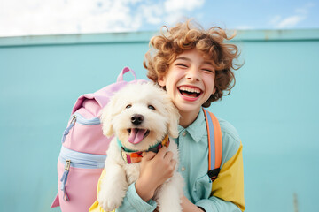 A smiling schoolboy and his happy pet basking in the beautiful pastel sky create a perfect picture of joy, first day of school september