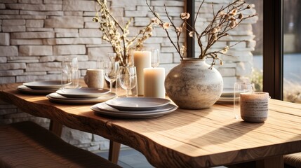 A table with a vase of flowers and candles on it.