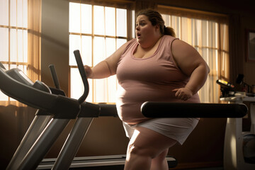 Fat Woman Exercises On A Treadmill