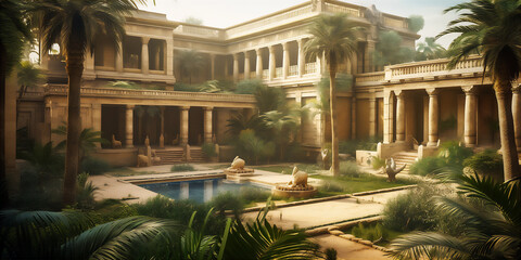 Ancient egyptian palace at the period of flourishing of civilization. AI generative image - obrazy, fototapety, plakaty