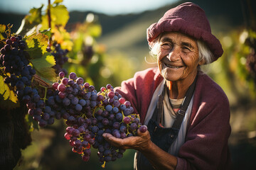 Italian elderly woman with grapes in the autumn vineyard