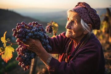 an elderly woman bunches of grapes in the autumn vineyard in Italy
