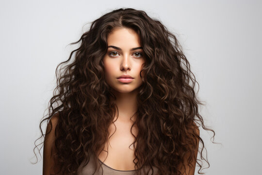 Woman With Brunette Curly Long Hair On White Background