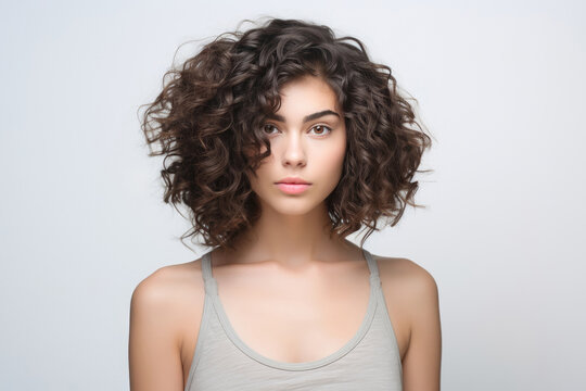 Woman With Brunette Short Curly Long Hair On White Background