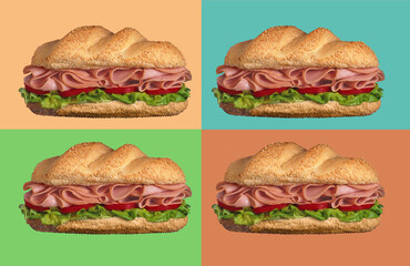 Baguette with ham, lettuce and tomatoes. Buns with sesame. Without people. Colored background.