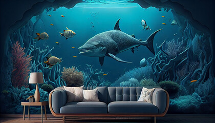 Enter the Enchanting Underwater Realm - Immerse Yourself in the Mesmerizing 3D Effect Wall with Wild Illustration Background. Wall art Decor Wallpaper, Ai generated image