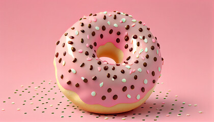  Freshly baked donut isolated on pink polka dot background, pink donut isolated on white background, Ai generated image 