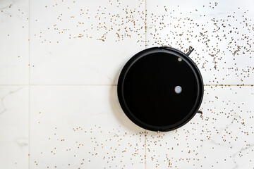 Robotic vacuum cleaner on white floor smart cleaning technology.