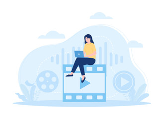 A woman atching movie via laptop concept flat illustration