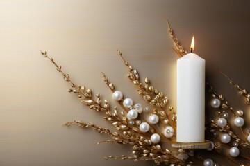 A white candle sitting on top of a golden candle holder. Yom Kippur tradition - obrazy, fototapety, plakaty