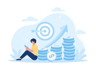 Woman holding tablet  Business target concept flat illustration