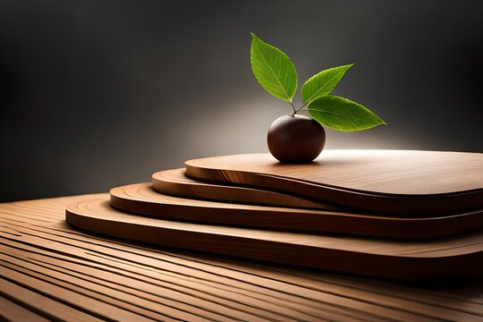 wooden apple with green leaves on wooden podium background