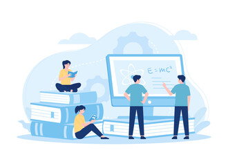 Group of people reading a book and studying online on computer screen concept flat illustration