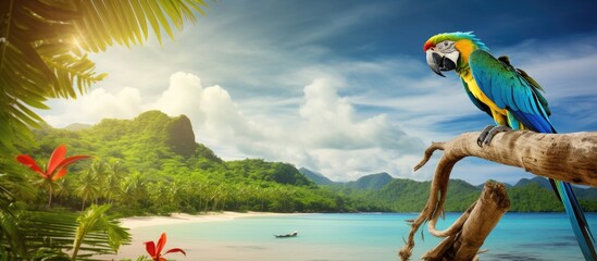 cute macaw with blue eyes perching on a tropical beach Generative AI - obrazy, fototapety, plakaty