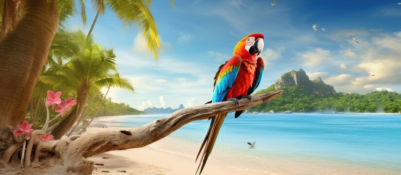 cute macaw with blue eyes perching on a tropical beach Generative AI