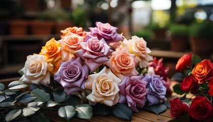 Obraz premium A bunch of roses sitting on a table, in the style of light violet and light orange