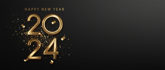 2024 golden number on black background. Greeting New year design with realistic gold metal number of year. Premium holiday design for greetings and celebrations