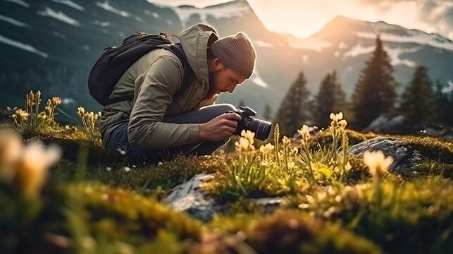 Photographer with camera takes pictures of wild flowers in the mountains.