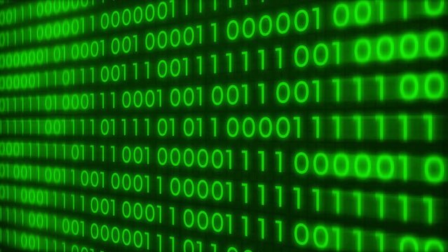 4K green color binary code computer digits moving on screen, digital string information flow big data rolling. Algorithm binary, data code, decryption and encoding, row matrix green color.