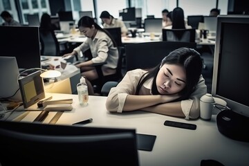 Young asian woman asleep at her desk on a office full of workers after a long day work. Concept of work overload, overwork, burnout...