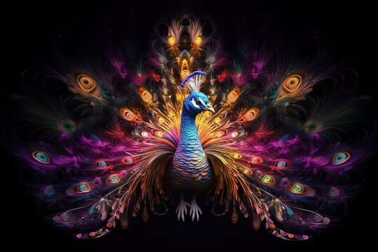 A rainbow-colored peacock with dragonfly wings. Generative AI