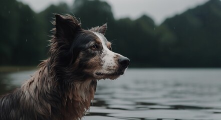 Beautiful dog looking away while bathing in a lake in the nature during a rainy day, big copy space right. Border collie dog on rainy day.