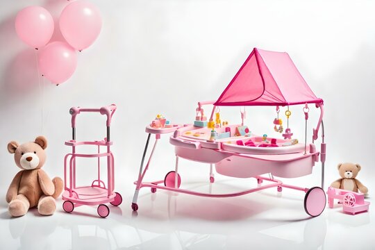  Furnished Pink Doll House Isolated. Dollhouse