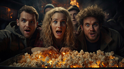 A Group of Friends Share a Scary Movie Night Together with Popcorn