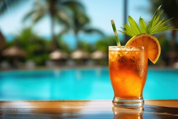 close up details of sleek and chick cocktail, refreshment drink served cold at resort. Pool and beach details, vacation setting