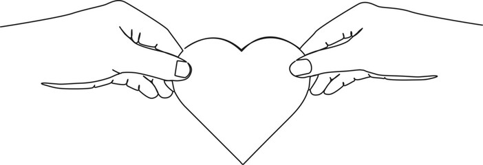 continuous single line drawing of two hands holding heart, love and romance line art vector illustration