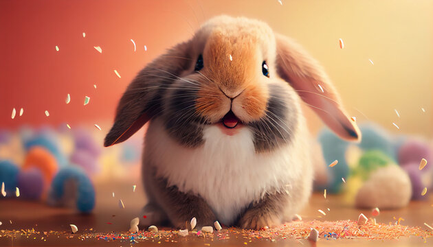 Happy cute bunny surrounded by confetti, Ai generated image