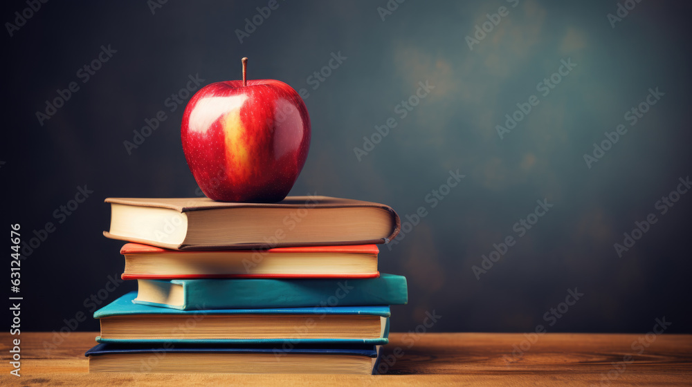 Poster back to school concept. apple and book on school blackboard background.created with generative ai te