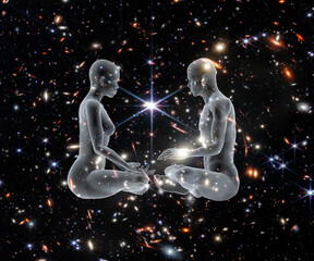 Yoga Couple on a Galactic Background - 631244634