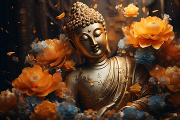 Enlightened Buddha surrounded by vibrant flowers and magical glow