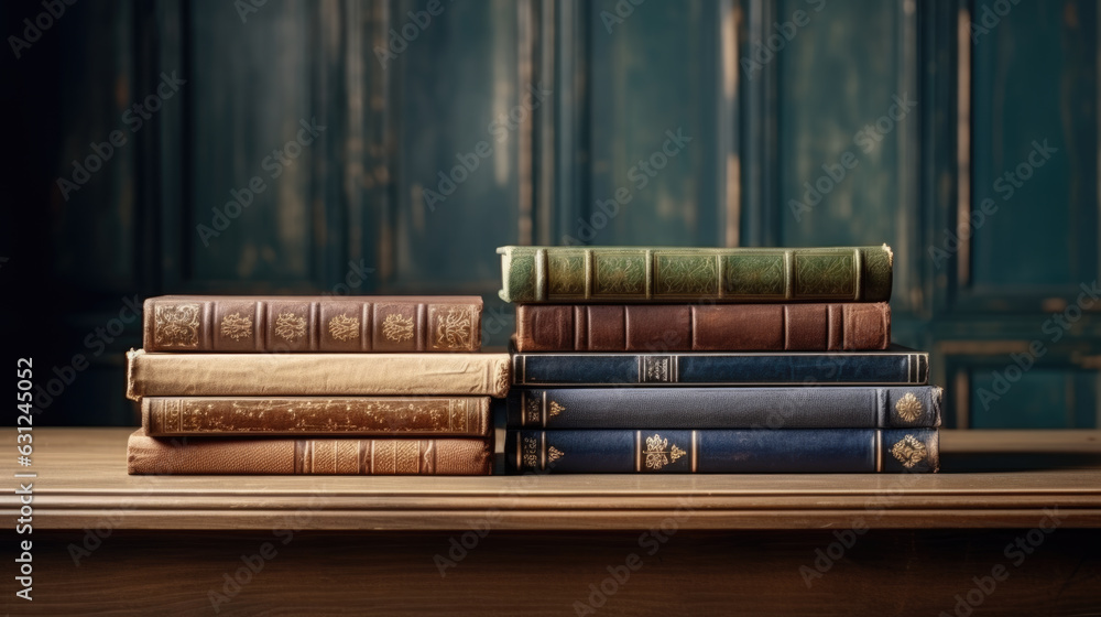 Aufkleber stack of old books on wooden table against a dark wooden background.created with generative ai techn