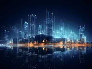 Plakat Durch die Matrix: Wireframe-Gebäude in Technologiehintergrund