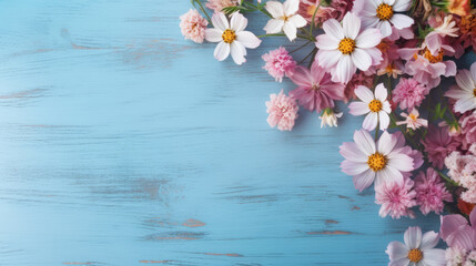 Naklejka na ściany i meble Summer wildflowers on a blue wooden background.Created with Generative AI technology.