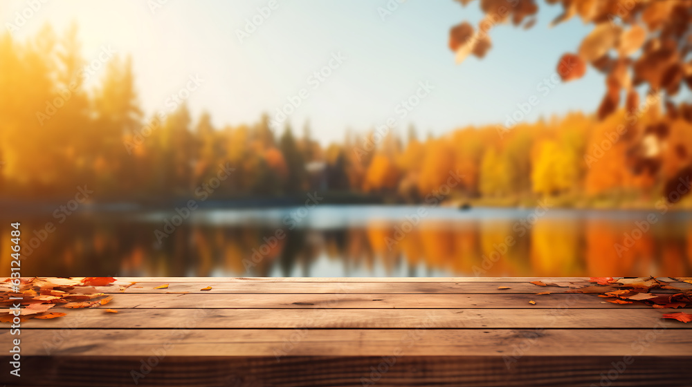 Aufkleber autumn background, close up of old empty wooden table over the lake with trees and leaves with copy 