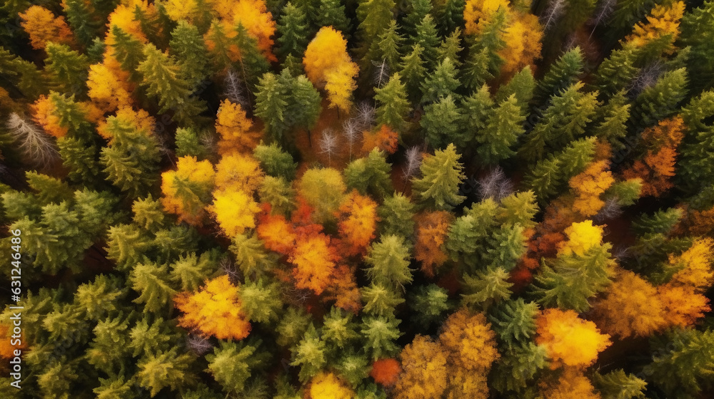 Poster aerial view of thick forest in autumn .created with generative ai technology.