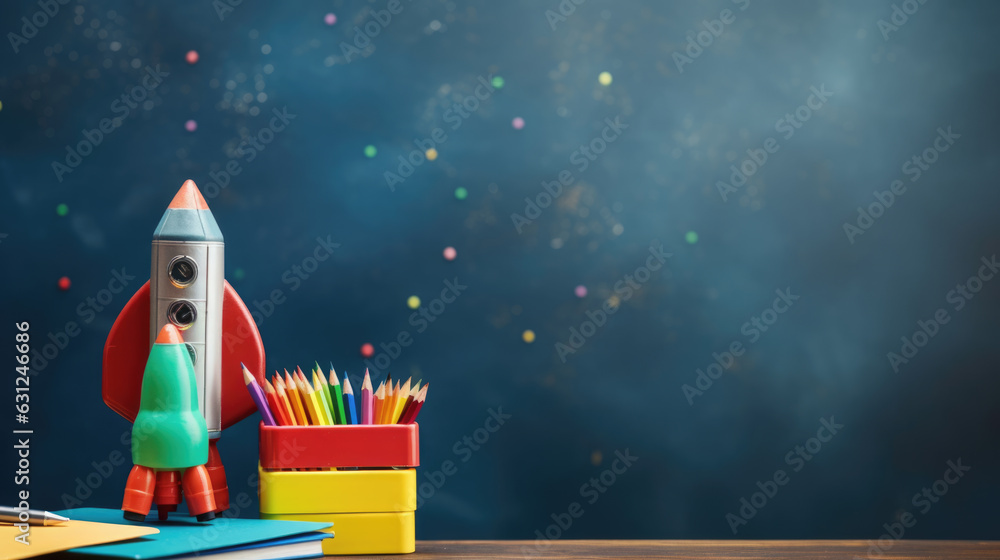 Poster back to school concept with a rocket, pencils on a chalkboard background. created with generative ai