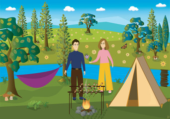 People in nature with a tent and a hammock are frying mushrooms on a grill. vector illustration.