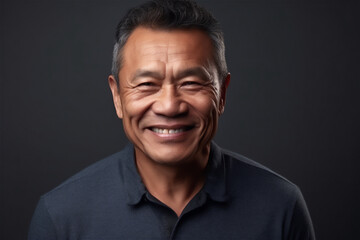Asian mature adult man smiling on a grey background