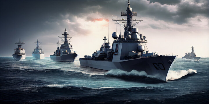 Military Ships at Sea Navy Vessels in the Pacific as Part of a Carrier Strike Group, realistic, Ai generated image