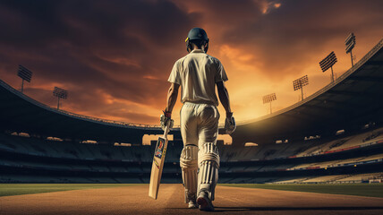 A Cricketer of Great Renown Walks onto the Cricket Ground. Generative AI - obrazy, fototapety, plakaty