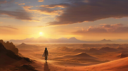Fototapeta na wymiar young woman in the desert at sunset time. ai generated 