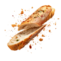 Fotobehang Slicing a crusty baguette with crumbs and seeds, against a transparent backround. © AkuAku