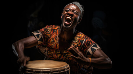 African man plays the drumming drum in national dress.