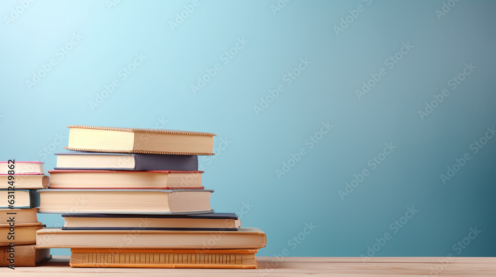 Poster a stack of books on a table against a blue wall.created with generative ai technology.