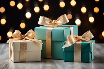 Photo of a festive arrangement of wrapped presents under a beautifully decorated Christmas tree created with Generative AI technology