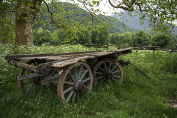 Fototapeta na wymiar Nostalgic Serenity: Vintage Wooden Carriage Amidst Mountain Scenery